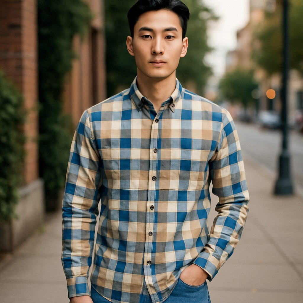 Wear Sierra Top Shelf Men's Cotton Long Sleeve Button Down Shirts in Blue Plaid, Soft Combed Cotton Shirt for Dads & Grads - Wear Sierra