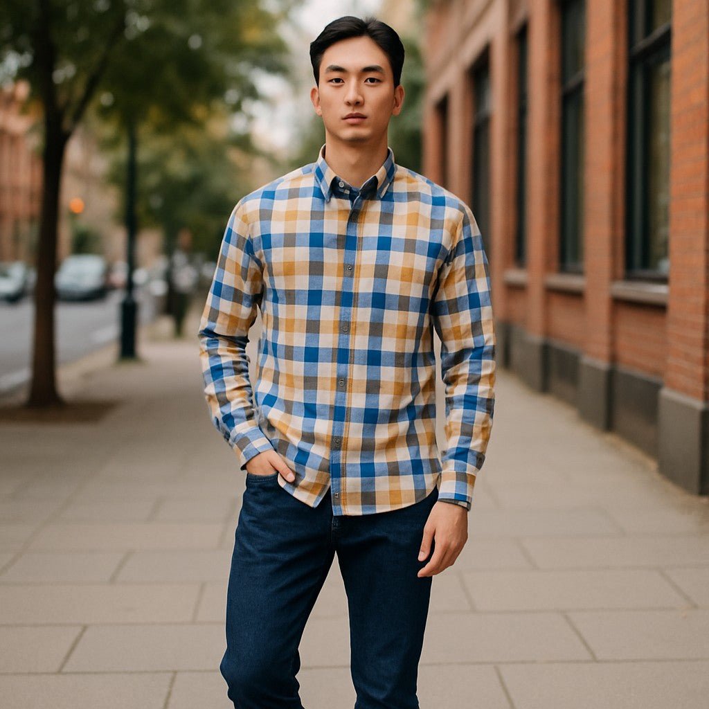 Wear Sierra Top Shelf Men's Cotton Long Sleeve Button Down Shirts in Blue Plaid, Soft Combed Cotton Shirt for Dads & Grads - Wear Sierra