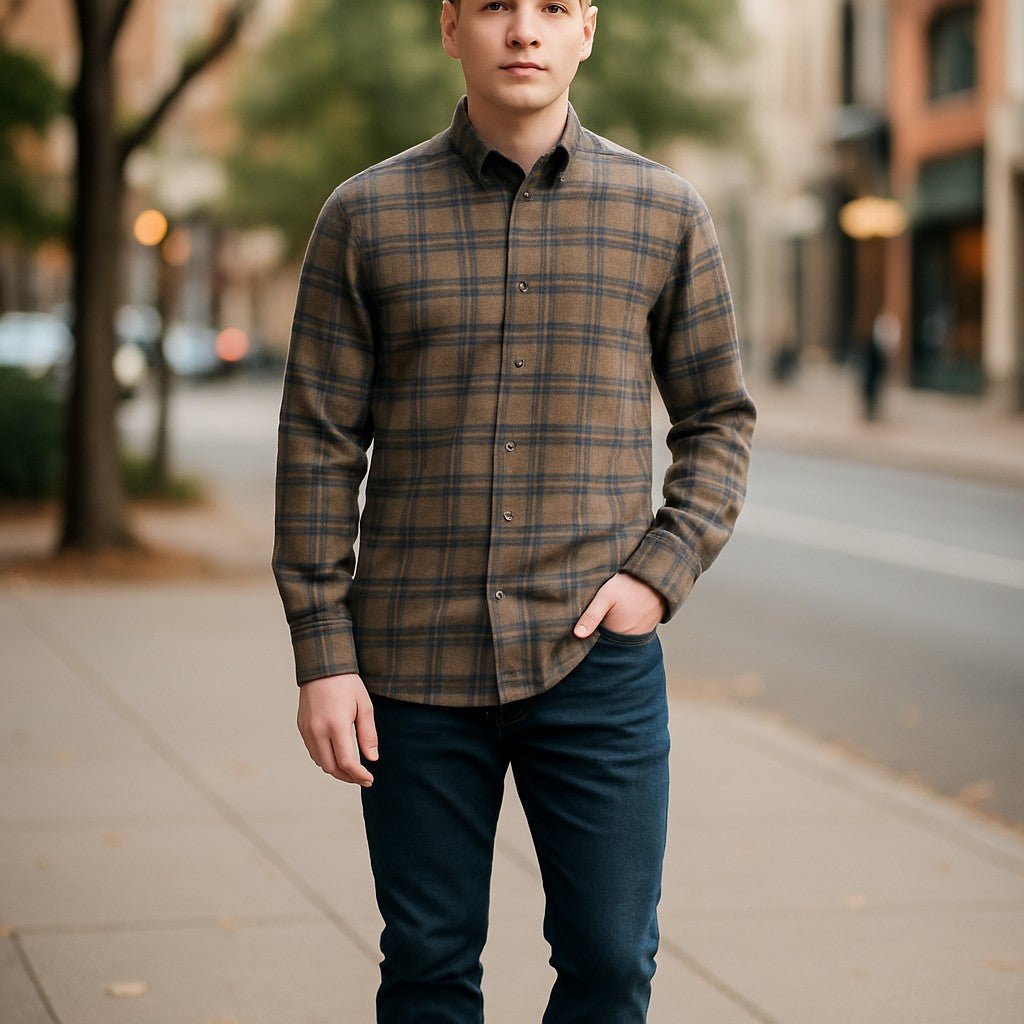 Wear Sierra Top Shelf Men's Cotton Long Sleeve Button Down Shirts in Brown Plaid - Wear Sierra