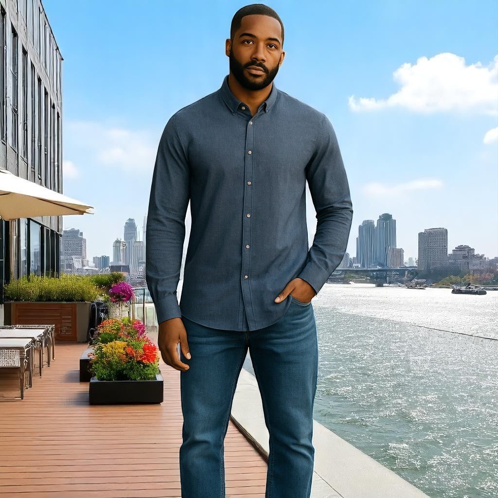 Wear Sierra Top Shelf Men's Cotton Long Sleeve Button Down Shirts in Chambray Navy - Wear Sierra