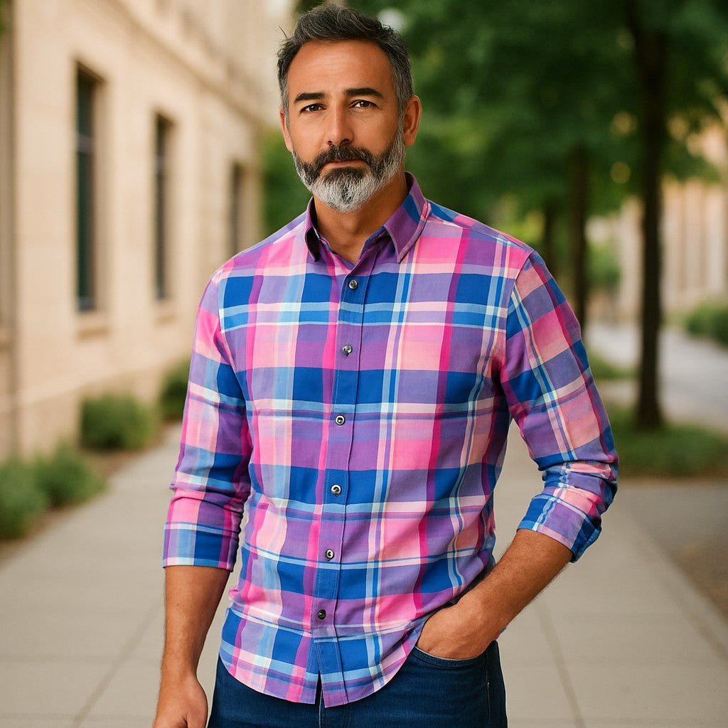 Wear Sierra Top Shelf Men's Cotton Long Sleeve Button Down Shirts in Pink Plaid - Wear Sierra