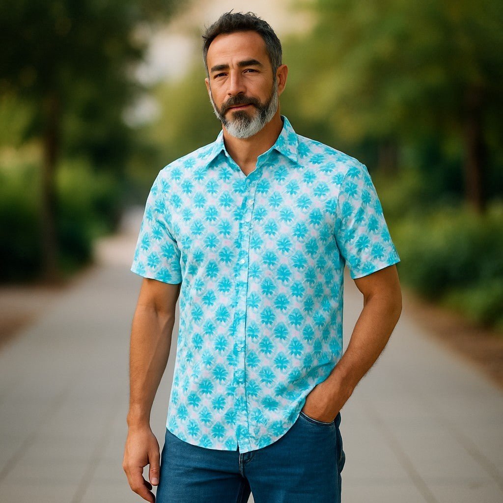 Wear Sierra Top Shelf Men's Cotton Short Sleeve Button Down Shirts in Blue Tropical Print - Wear Sierra