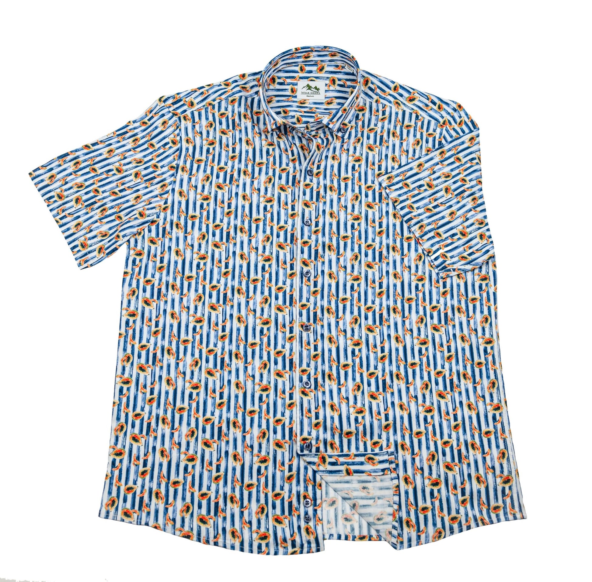 Wear Sierra Top Shelf Men's Cotton Short Sleeve Button Down Shirts in Navy Stripes & Papayas - Wear Sierra