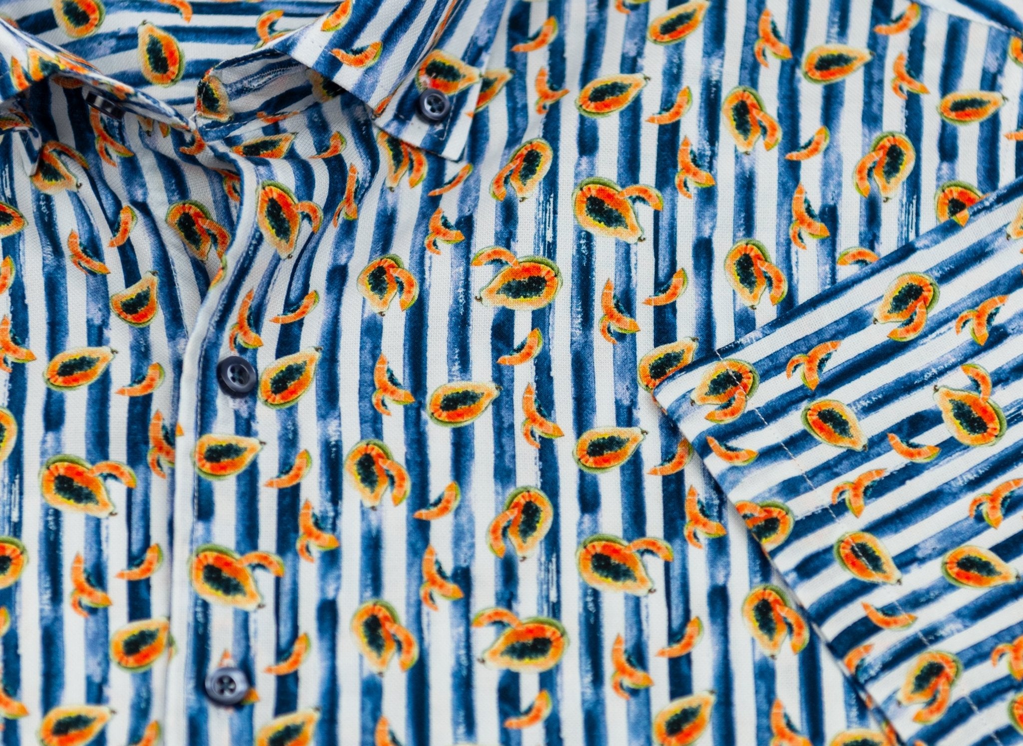 Wear Sierra Top Shelf Men's Cotton Short Sleeve Button Down Shirts in Navy Stripes & Papayas - Wear Sierra
