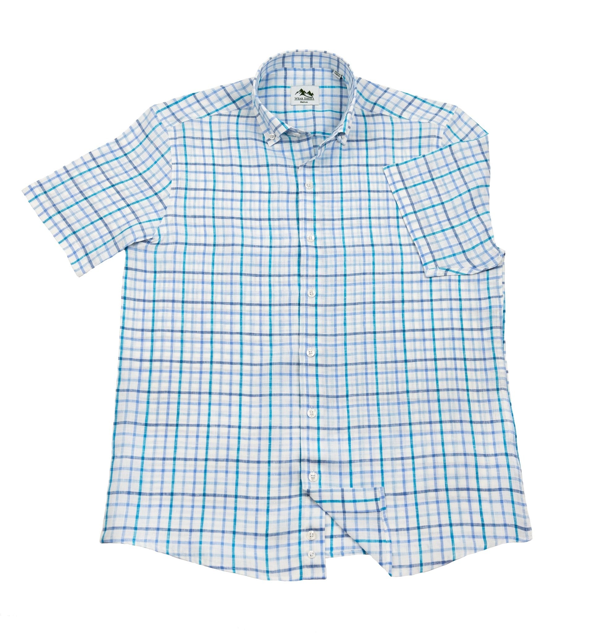 Wear Sierra Top Shelf Men's Cotton Short Sleeve Button Down Shirts in White Blue Plaid - Wear Sierra