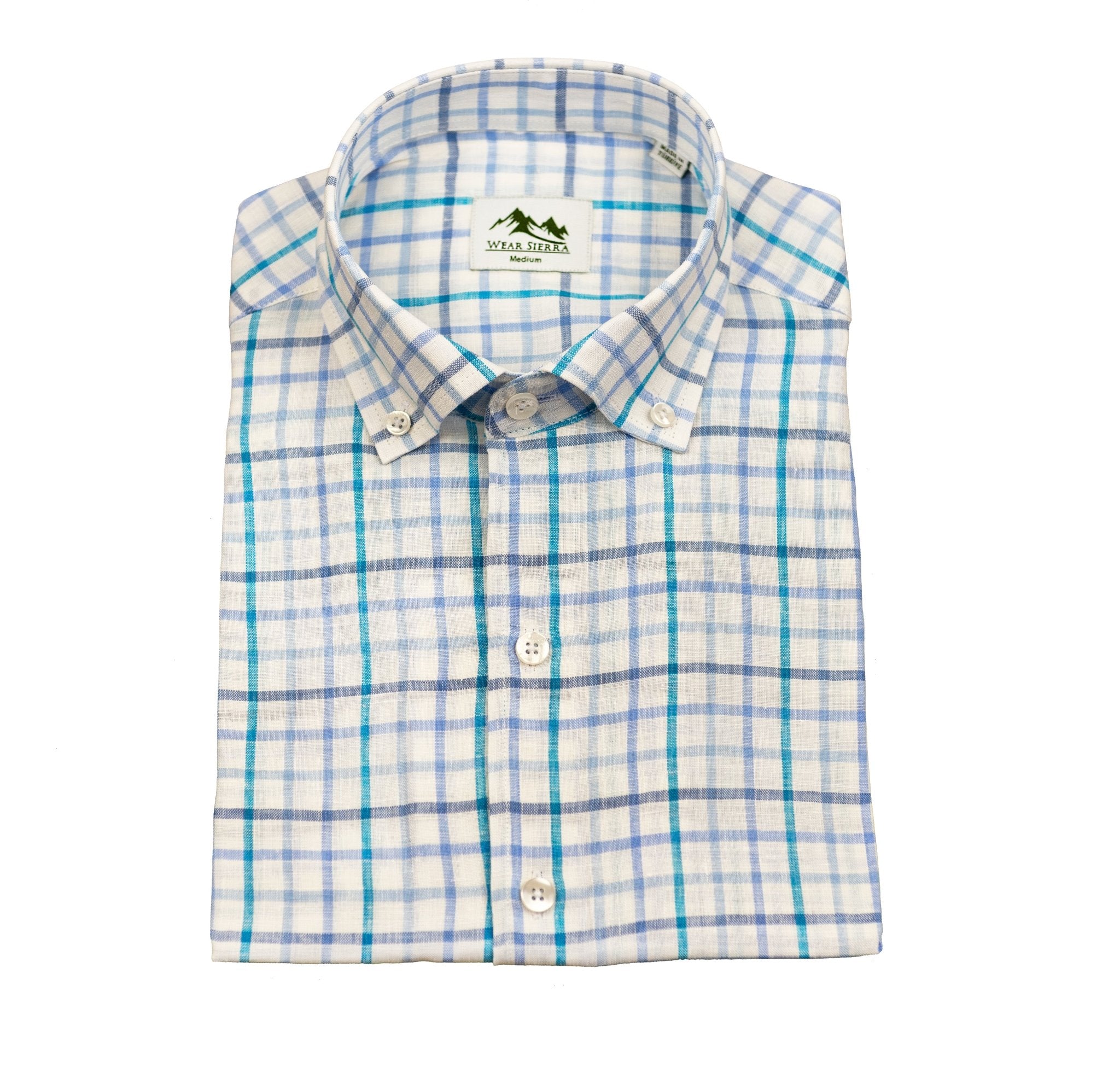 Wear Sierra Top Shelf Men's Cotton Short Sleeve Button Down Shirts in White Blue Plaid - Wear Sierra