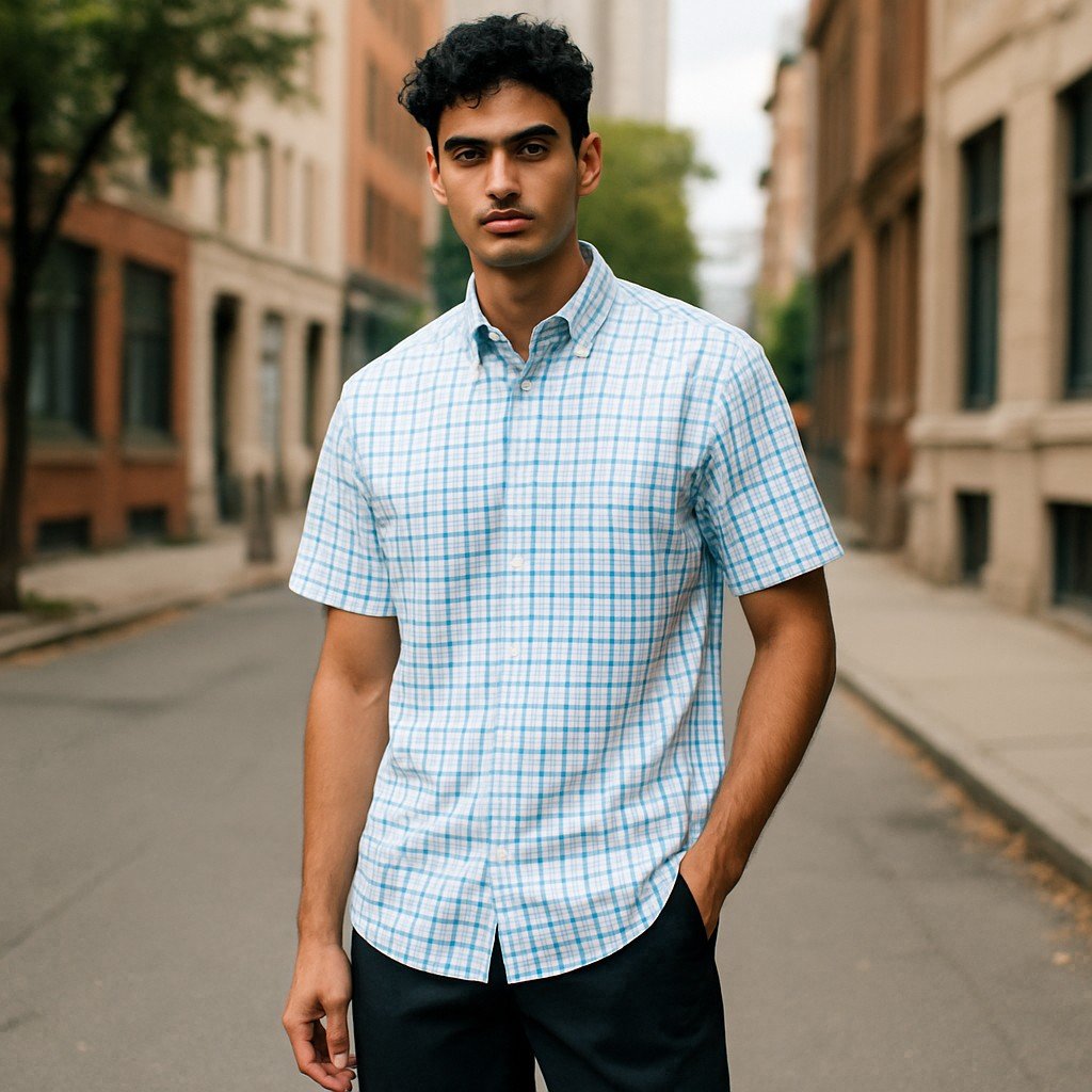 Wear Sierra Top Shelf Men's Cotton Short Sleeve Button Down Shirts in White Blue Plaid - Wear Sierra