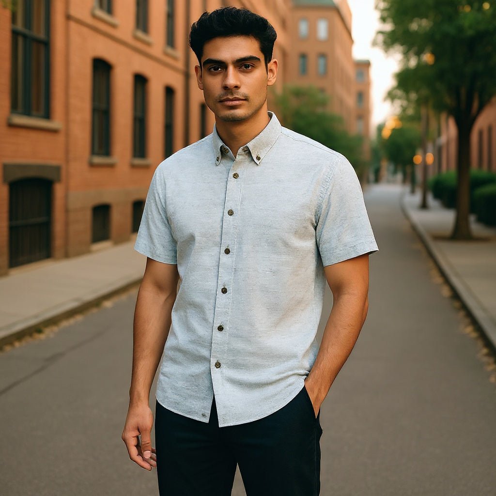 Wear Sierra Top Shelf Men's Linen Short Sleeve Button Down Shirt in Green - Great for Date Nights - Wear Sierra