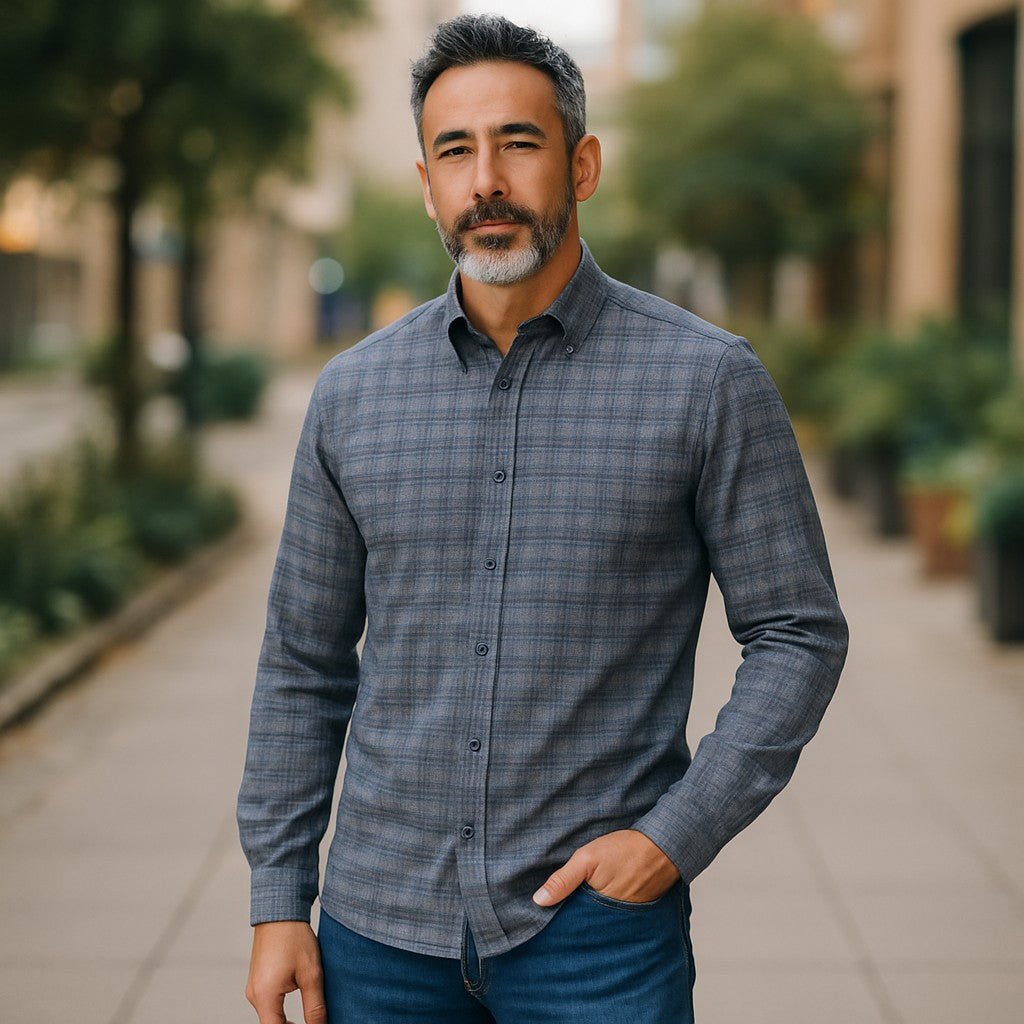Wear Sierra Top Shelf Men's Turkish Cotton Long Sleeve Button Down Shirt in Combed Cotton Dark Gray & Navy Windowpane Plaid - Wear Sierra
