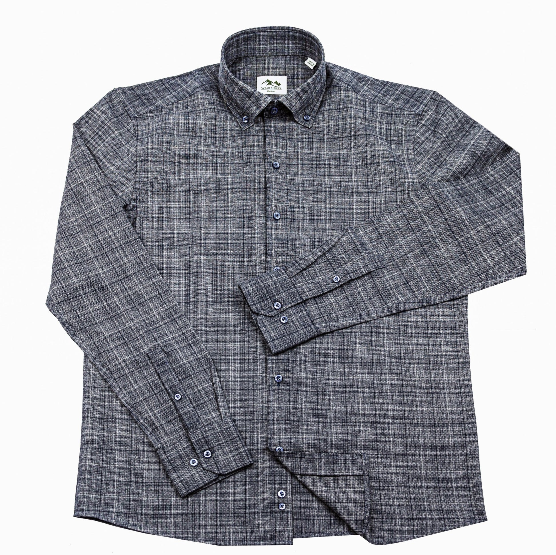 Wear Sierra Top Shelf Men's Turkish Cotton Long Sleeve Button Down Shirt in Combed Cotton Dark Gray & Navy Windowpane Plaid - Wear Sierra