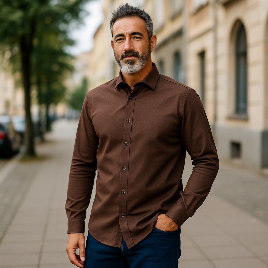 Wear Sierra Top Shelf Men's Turkish Cotton Long Sleeve Button Up Shirt in Brown, Perfect Casual Friday Shirt for Men - Wear Sierra