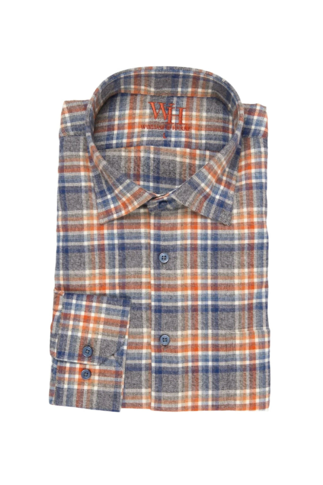 W&H Golf Men's Long Sleeve Button Up Sports Shirts - Blue Orange Plaid - Wear Sierra
