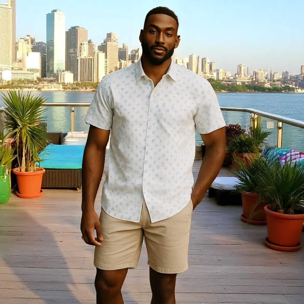 Wear Sierra Top Shelf Men's Cotton Button Down Short Sleeve Shirts White & Blue Flowers