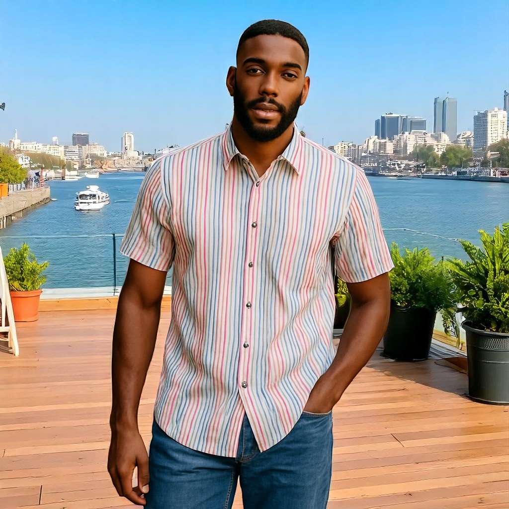 Wear Sierra Top Shelf Men's Cotton Short Sleeve Button Down Shirts White Rainbow Stripes