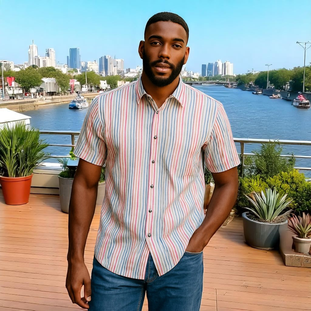 Wear Sierra Top Shelf Men's Cotton Short Sleeve Button Down Shirts White Rainbow Stripes