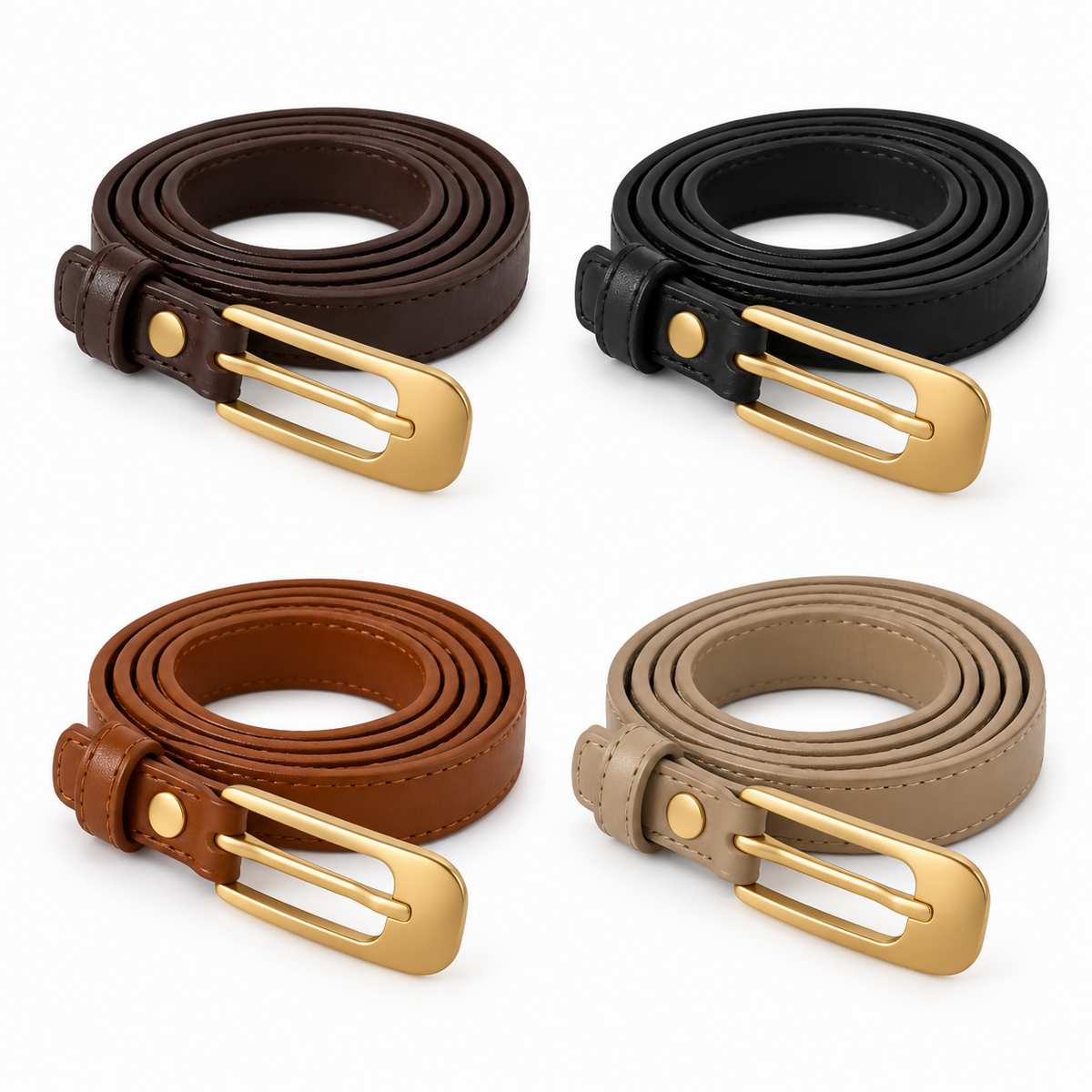Women’s Skinny Belt Set, 4-Pack, Gold-Tone Buckles, Black, Dark Brown, Light Brown & Beige