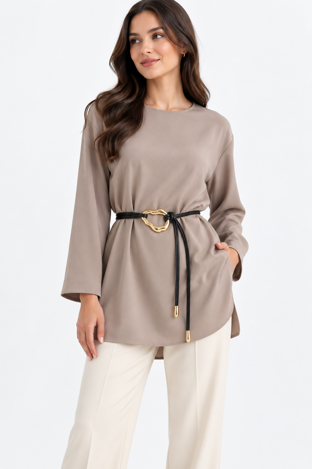 Women’s 2-Pack Skinny Wrap Belt Set with Gold-Tone Statement Rings – Black & Cognac