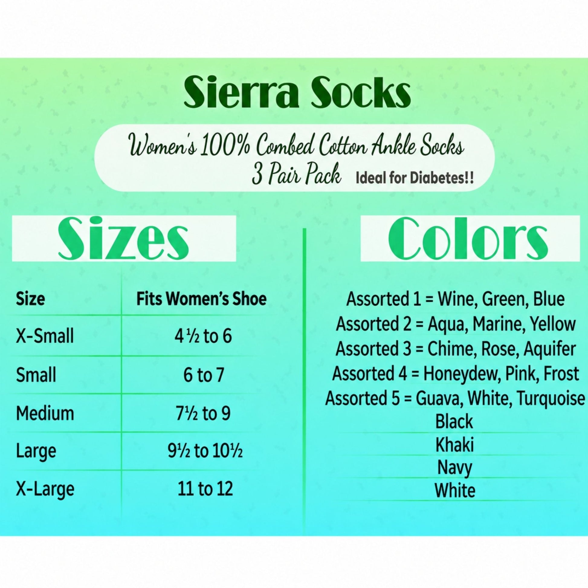 Women's 100% Combed Cotton Ankle Turn Cuff 3 Pair Pack - Loose Fitting Socks, Perfect for Diabetics and Edema - Wear Sierra