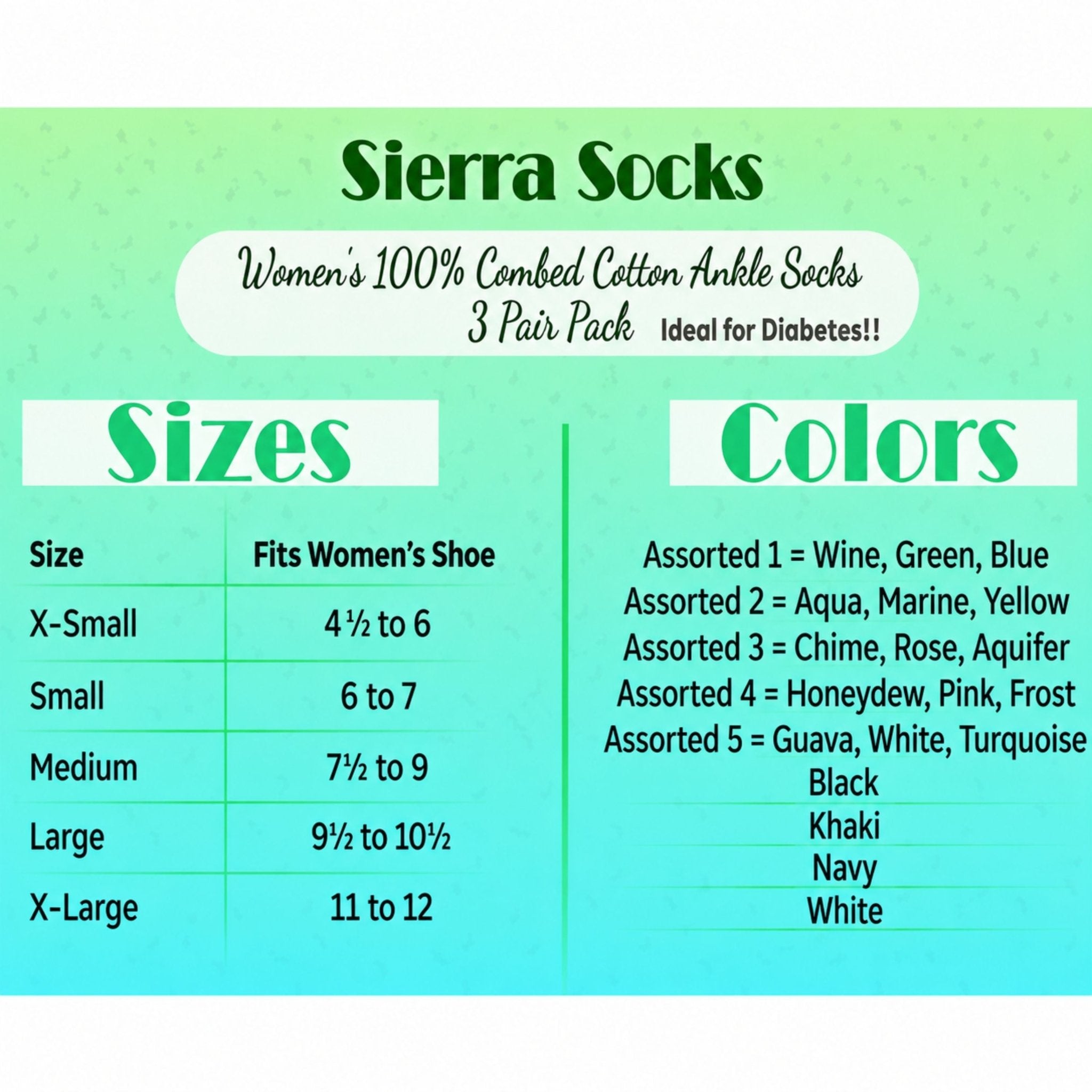 Women's 100% Combed Cotton Ankle Turn Cuff 3 Pair Pack - Loose Fitting Socks, Perfect for Diabetics and Edema - Wear Sierra