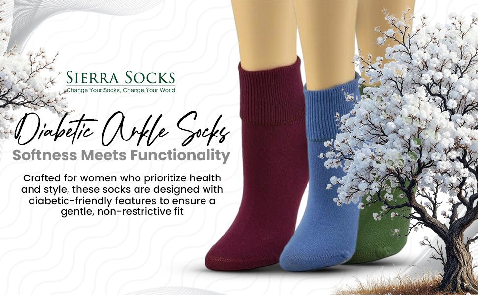 Women's 100% Combed Cotton Ankle Turn Cuff 3 Pair Pack - Loose Fitting Socks, Perfect for Diabetics and Edema - Wear Sierra
