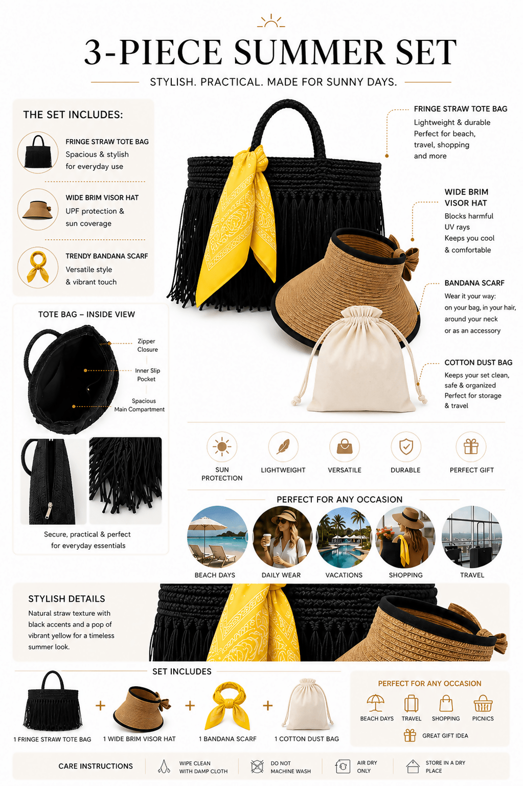 Women's 3-Piece Beach Set – Straw Tote Bag, Sun Visor Hat & Fashion Scarf - Wear Sierra