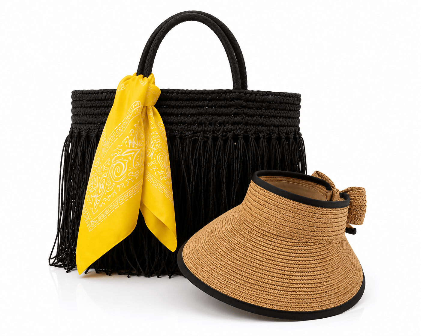 Women's 3-Piece Beach Set – Straw Tote Bag, Sun Visor Hat & Fashion Scarf - Wear Sierra