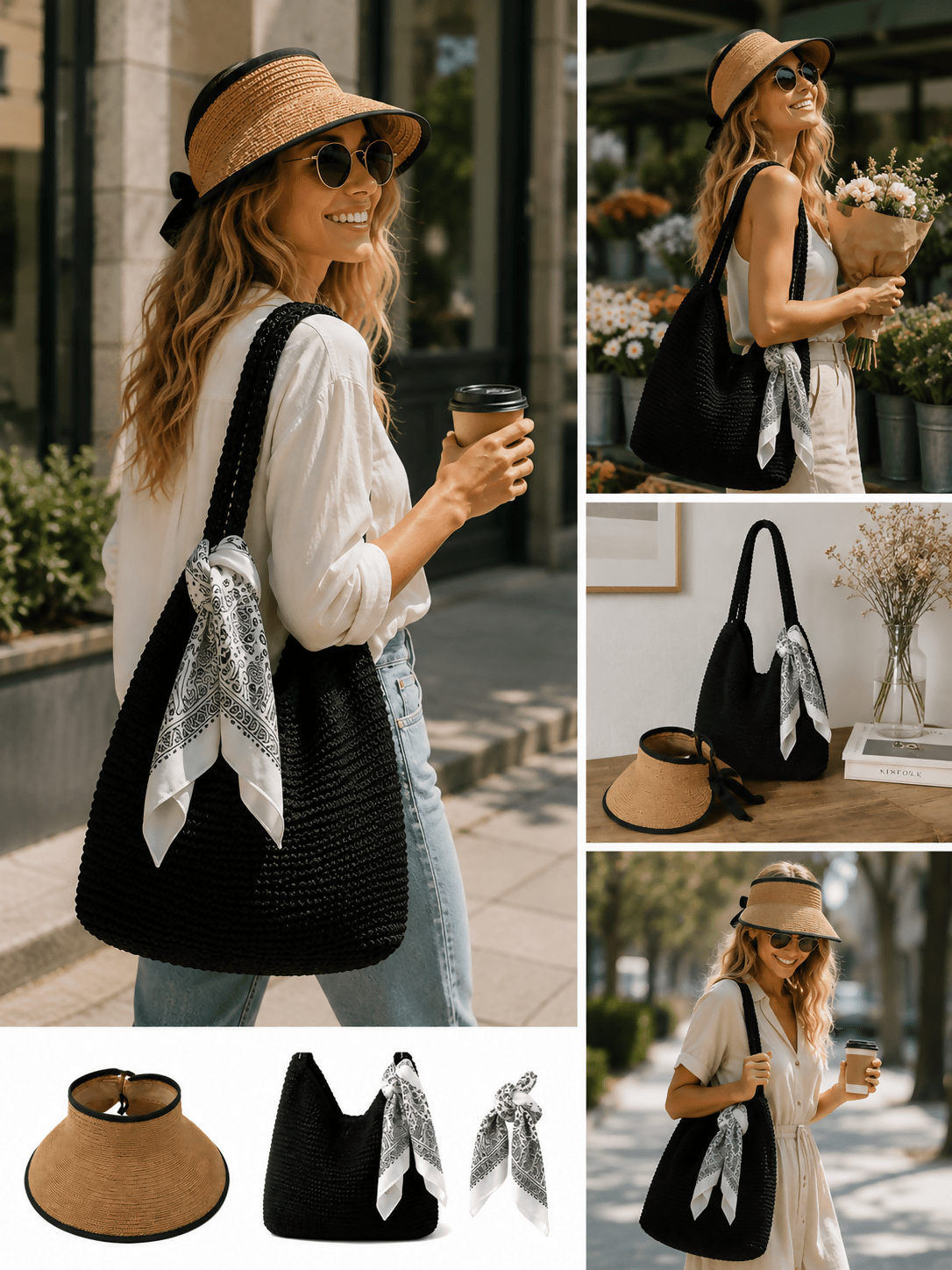 Women's 3-Piece Beach Set – Straw Tote Bag, Sun Visor Hat & Fashion Scarf - Wear Sierra