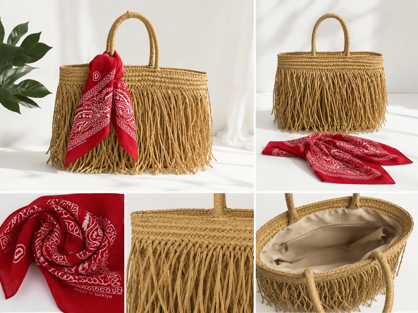 Women's 3-Piece Beach Set – Straw Tote Bag, Sun Visor Hat & Fashion Scarf - Wear Sierra