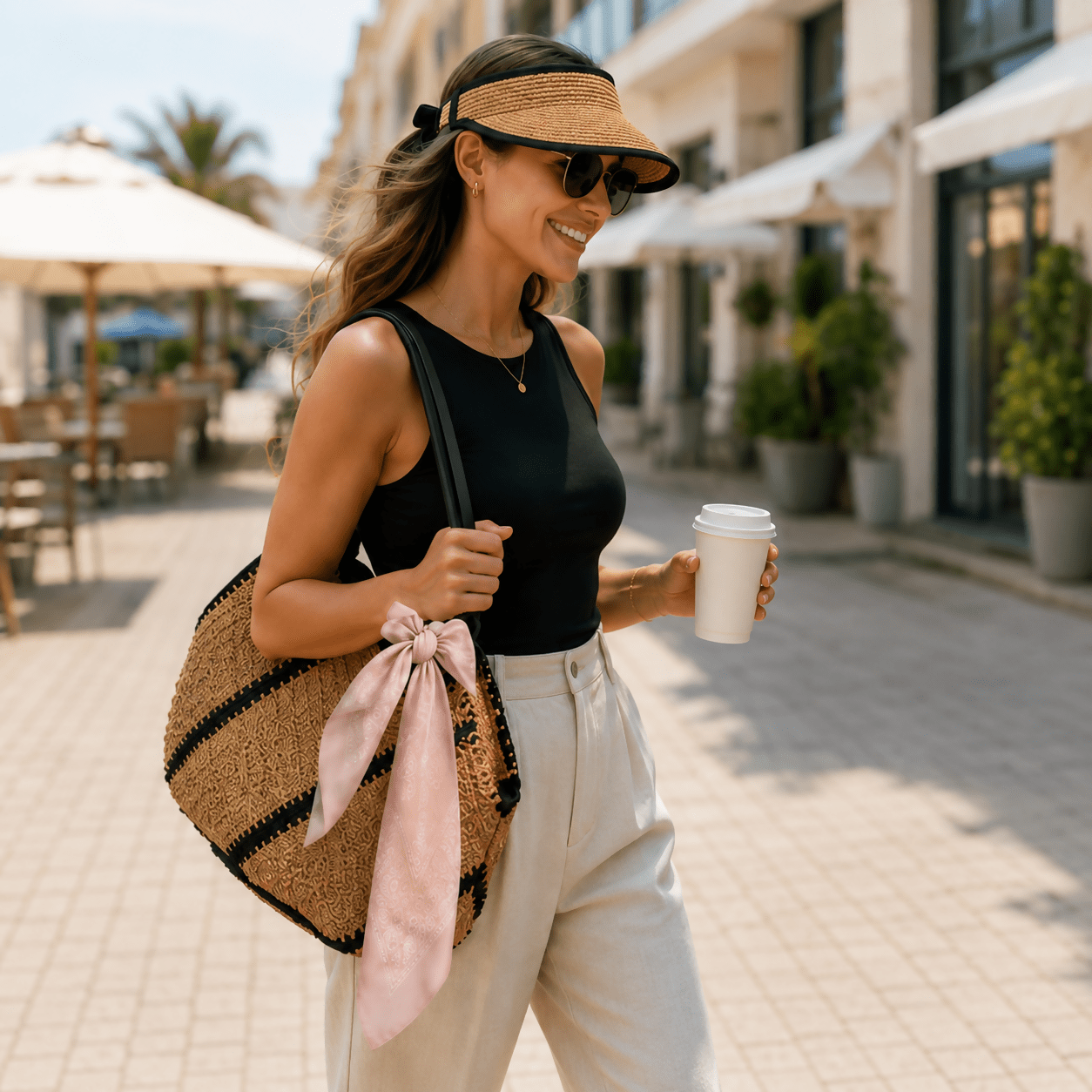 Women's 3-Piece Beach Set – Straw Tote Bag, Sun Visor Hat & Fashion Scarf - Wear Sierra