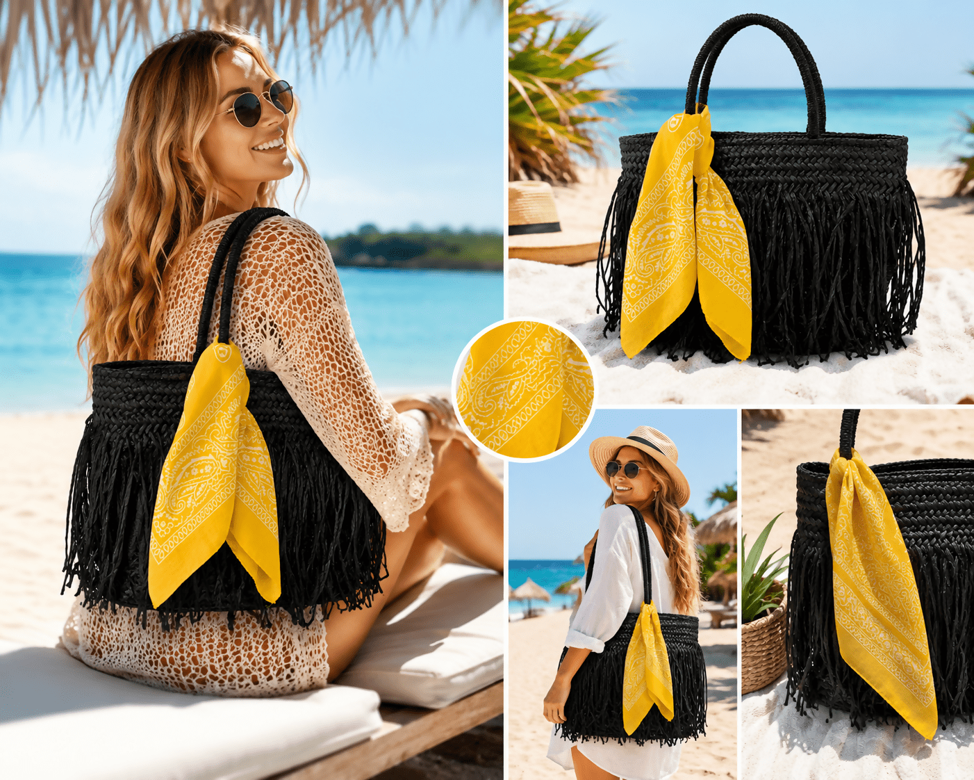 Women's 3-Piece Beach Set – Straw Tote Bag, Sun Visor Hat & Fashion Scarf - Wear Sierra