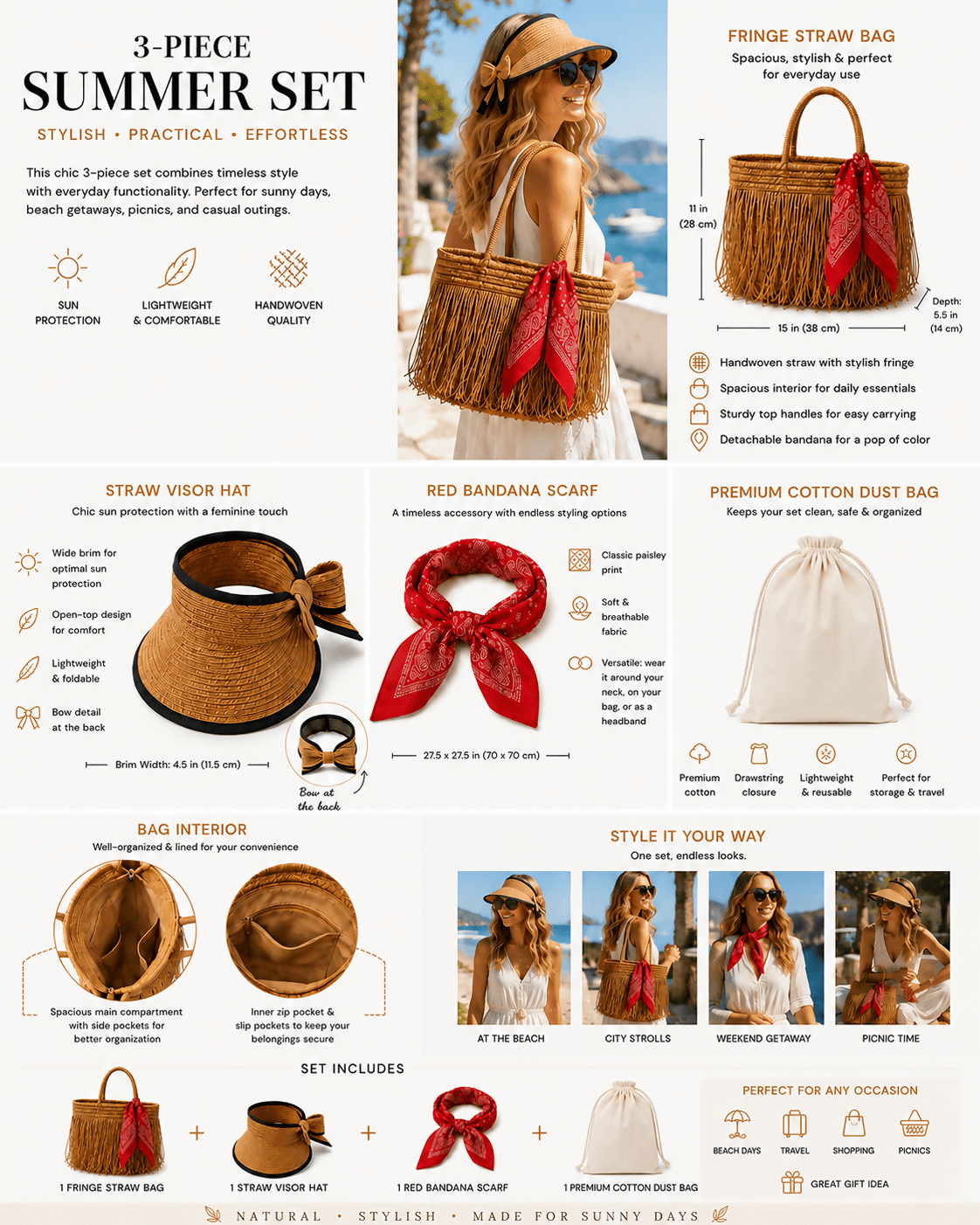 Women's 3-Piece Beach Set – Straw Tote Bag, Sun Visor Hat & Fashion Scarf - Wear Sierra