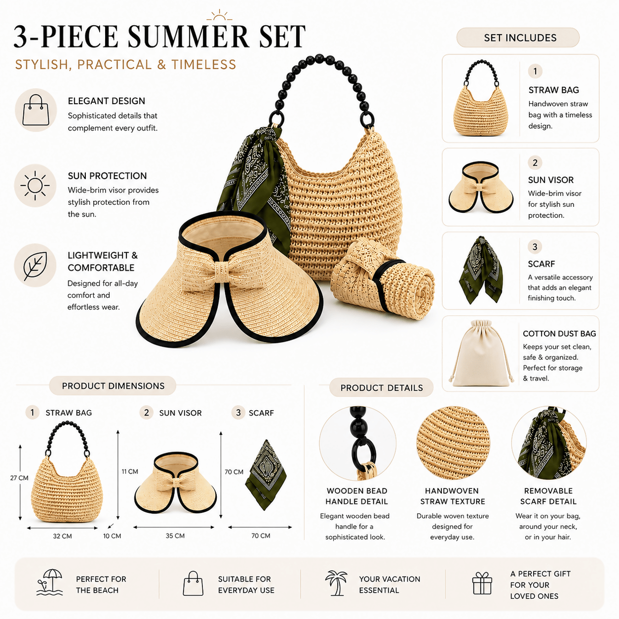 Women's 3-Piece Beach Set – Straw Tote Bag, Sun Visor Hat & Fashion Scarf - Wear Sierra