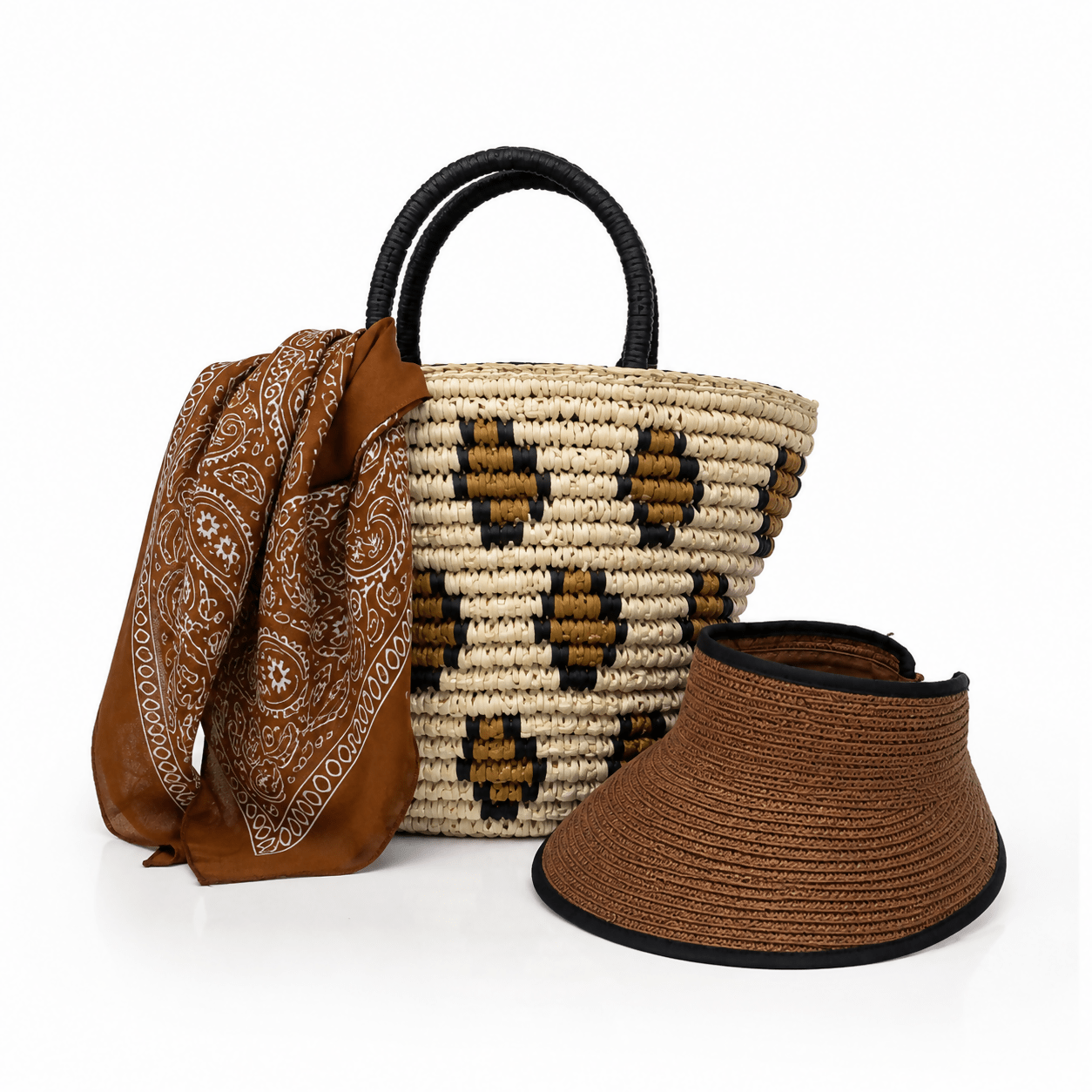 Women's 3-Piece Beach Set – Straw Tote Bag, Sun Visor Hat & Fashion Scarf - Wear Sierra