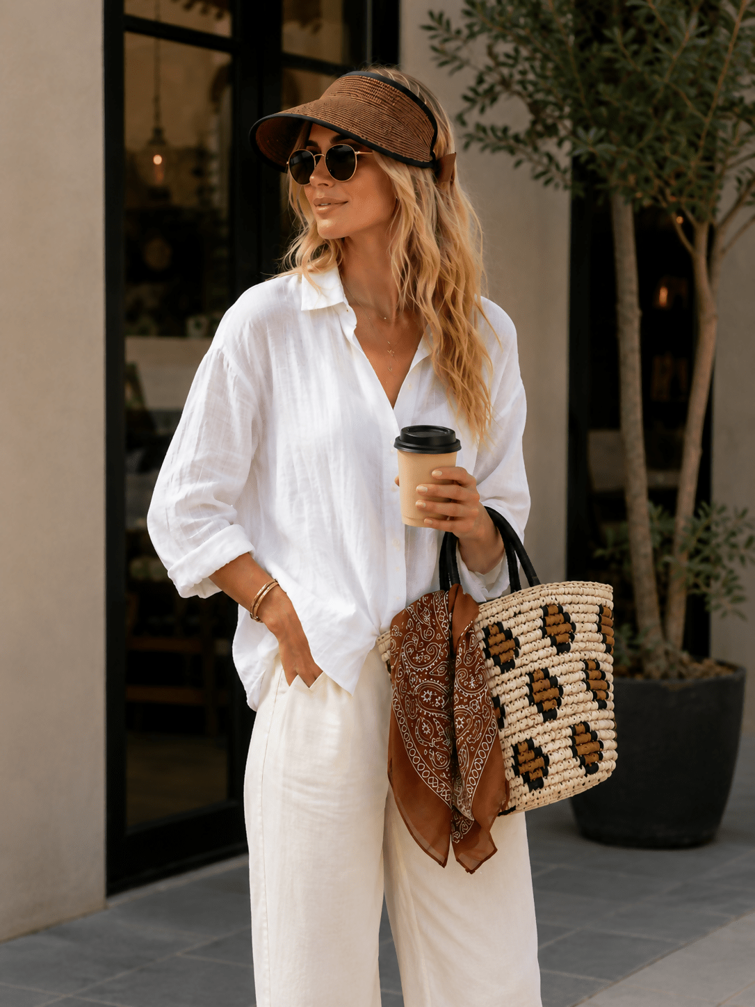 Women's 3-Piece Beach Set – Straw Tote Bag, Sun Visor Hat & Fashion Scarf - Wear Sierra