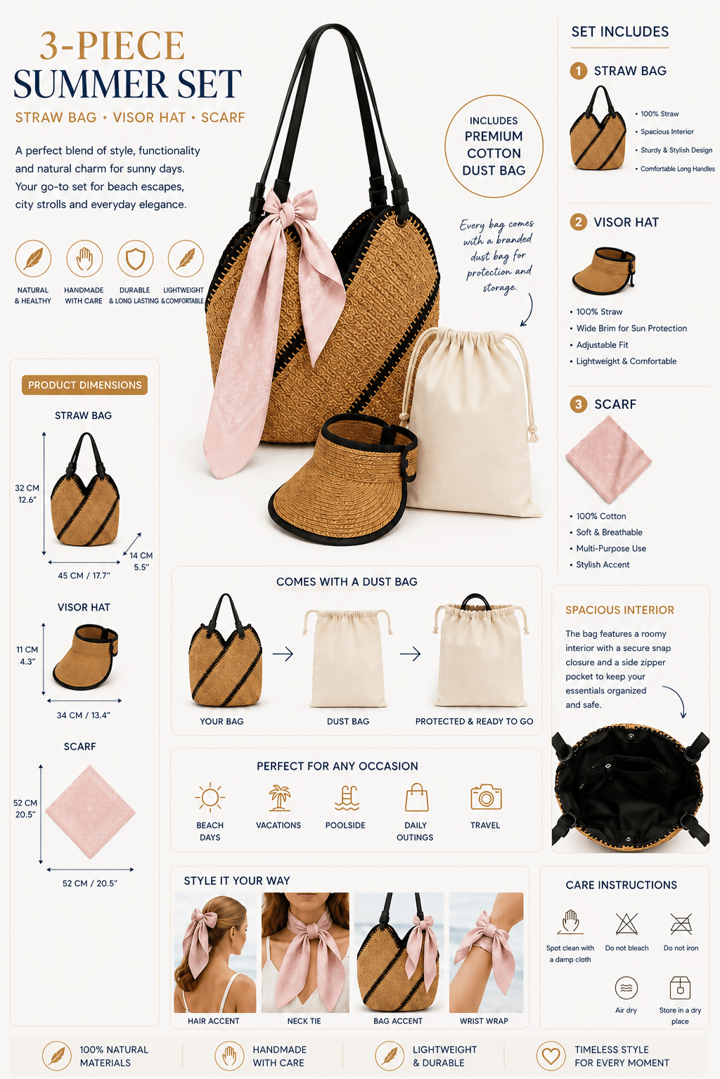 Women's 3-Piece Beach Set – Straw Tote Bag, Sun Visor Hat & Fashion Scarf - Wear Sierra
