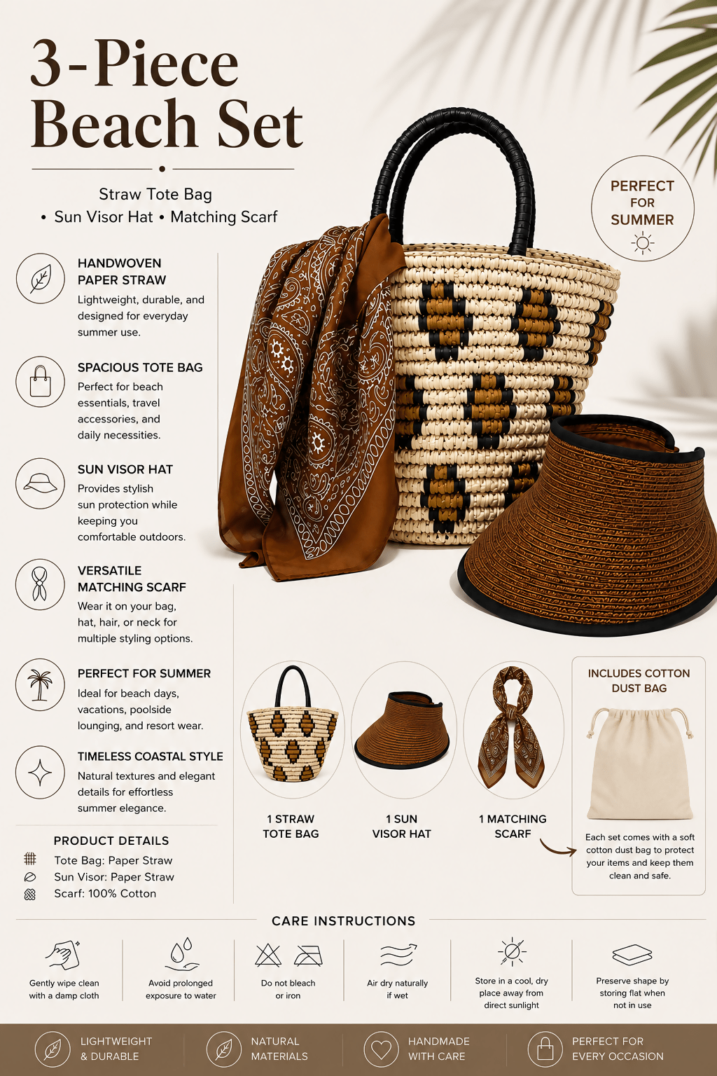 Women's 3-Piece Beach Set – Straw Tote Bag, Sun Visor Hat & Fashion Scarf - Wear Sierra