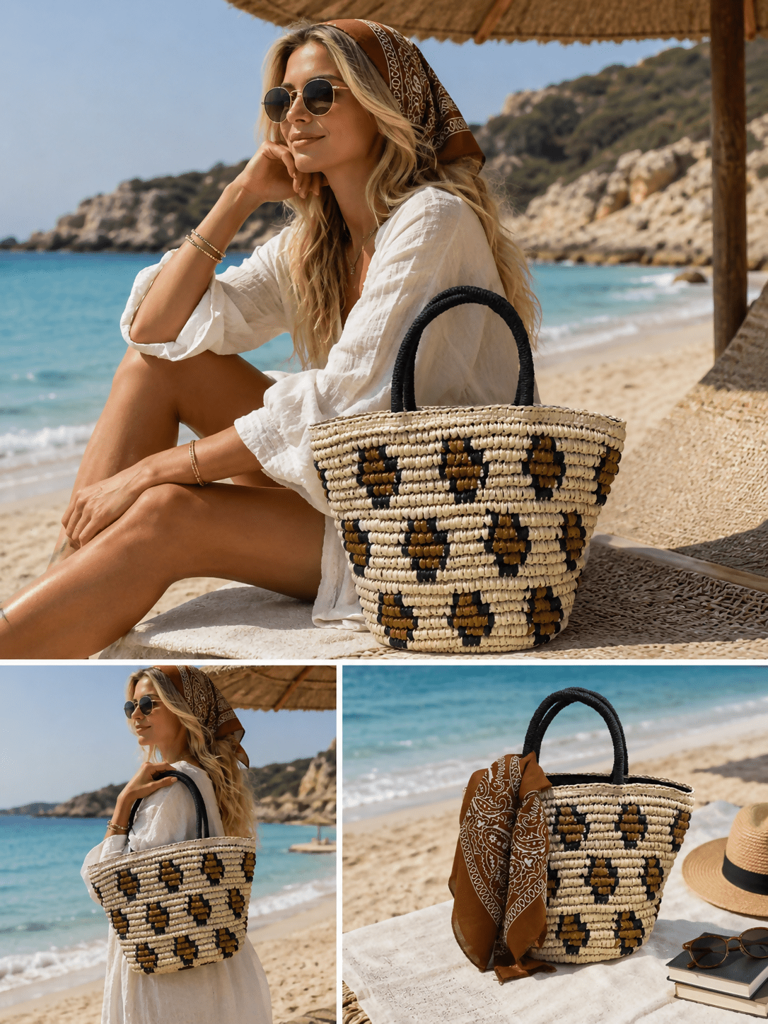 Women's 3-Piece Beach Set – Straw Tote Bag, Sun Visor Hat & Fashion Scarf - Wear Sierra