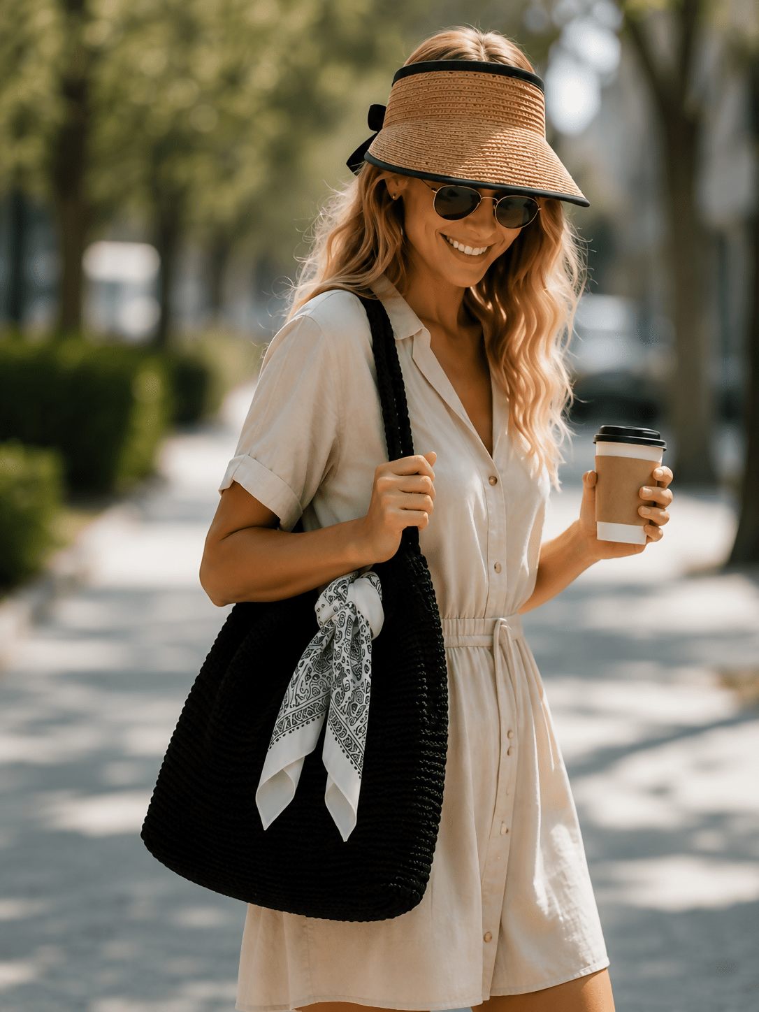 Women's 3-Piece Beach Set – Straw Tote Bag, Sun Visor Hat & Fashion Scarf - Wear Sierra