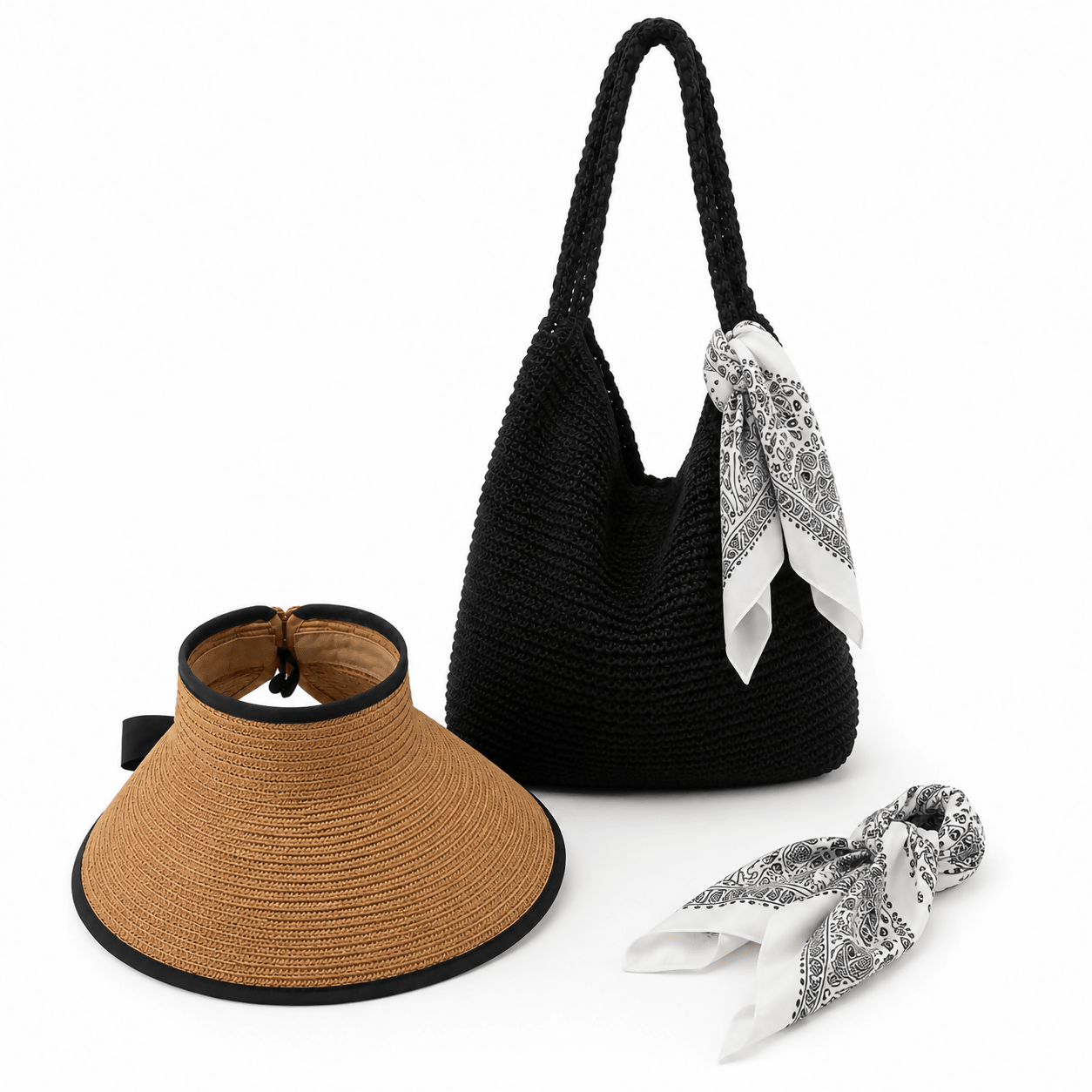 Women's 3-Piece Beach Set – Straw Tote Bag, Sun Visor Hat & Fashion Scarf - Wear Sierra