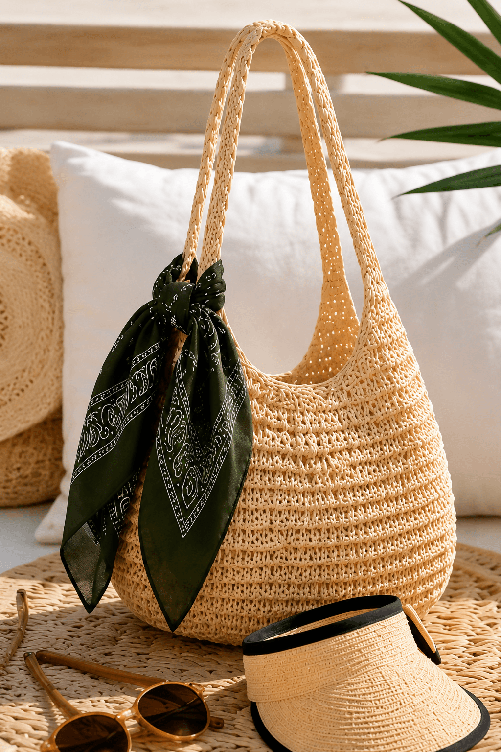 Women's 3-Piece Beach Set – Straw Tote Bag, Sun Visor Hat & Fashion Scarf - Wear Sierra