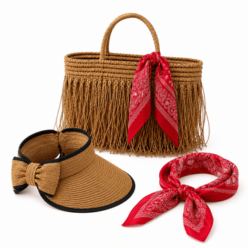 Women's 3-Piece Beach Set – Straw Tote Bag, Sun Visor Hat & Fashion Scarf - Wear Sierra
