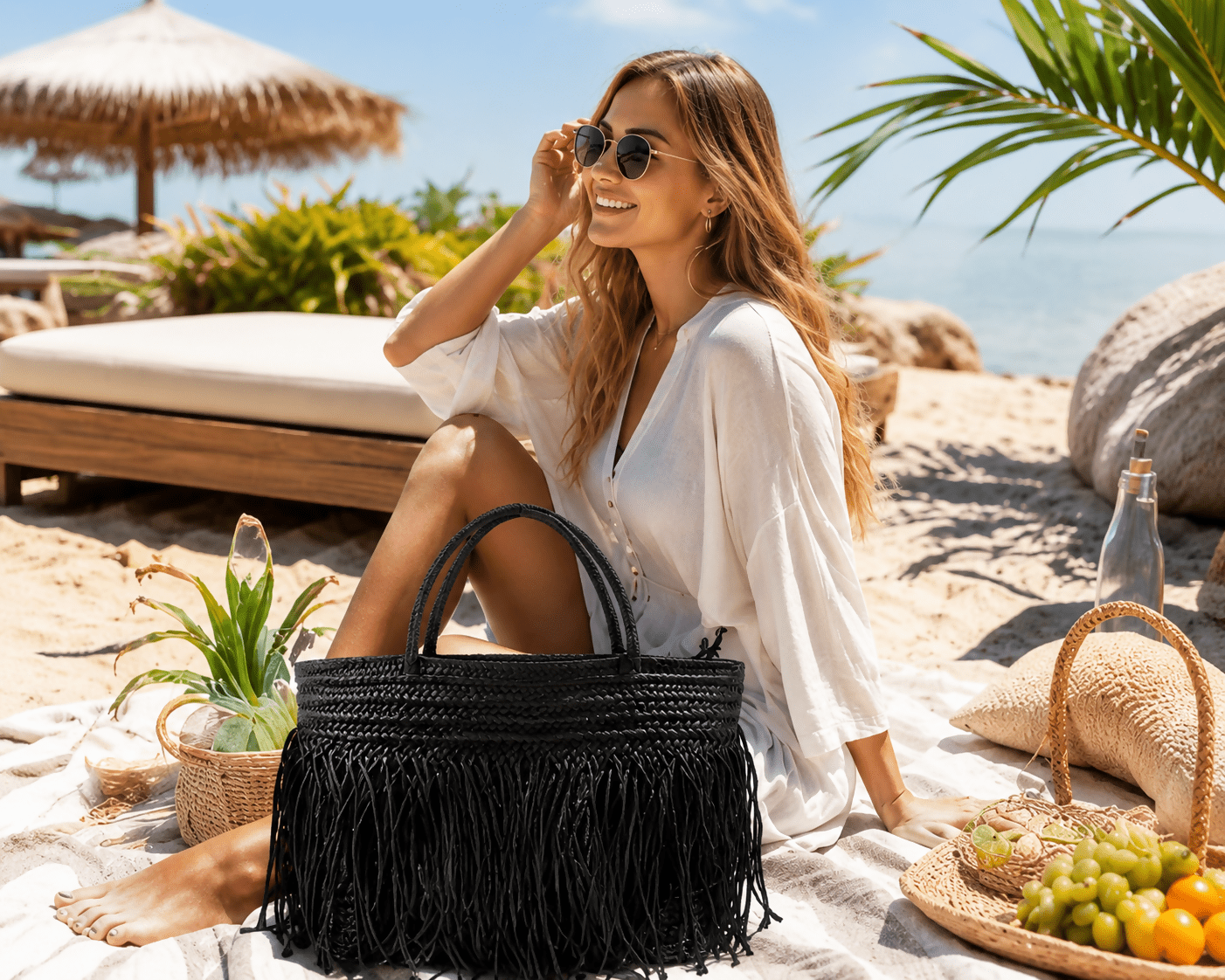 Women's 3-Piece Beach Set – Straw Tote Bag, Sun Visor Hat & Fashion Scarf - Wear Sierra