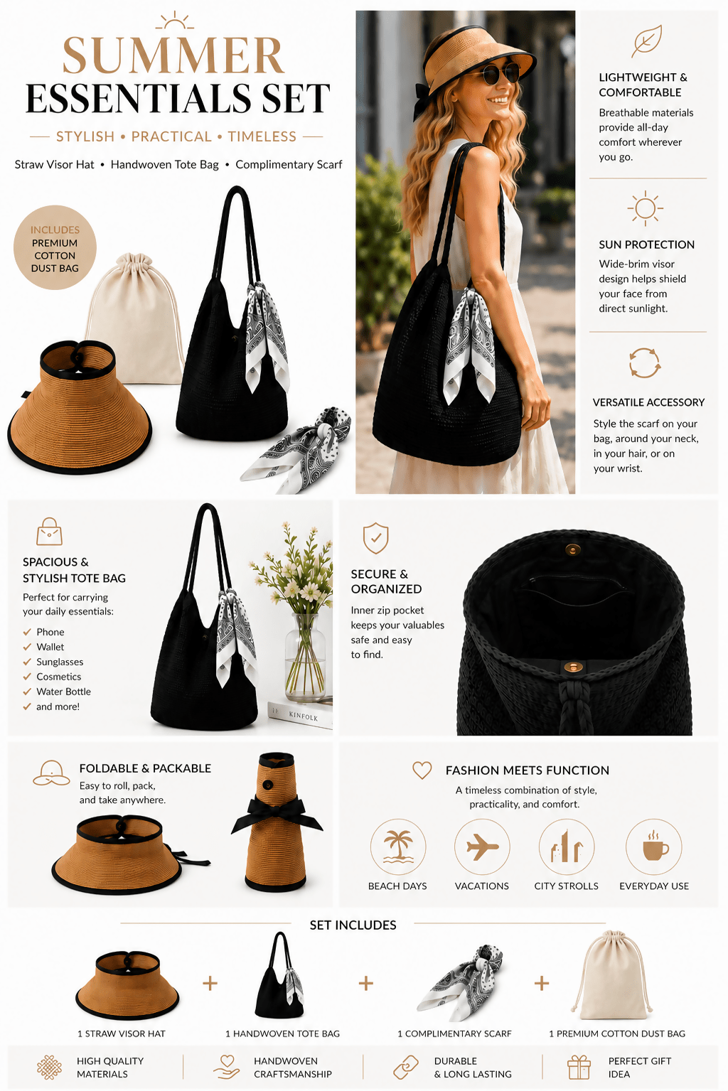 Women's 3-Piece Beach Set – Straw Tote Bag, Sun Visor Hat & Fashion Scarf - Wear Sierra