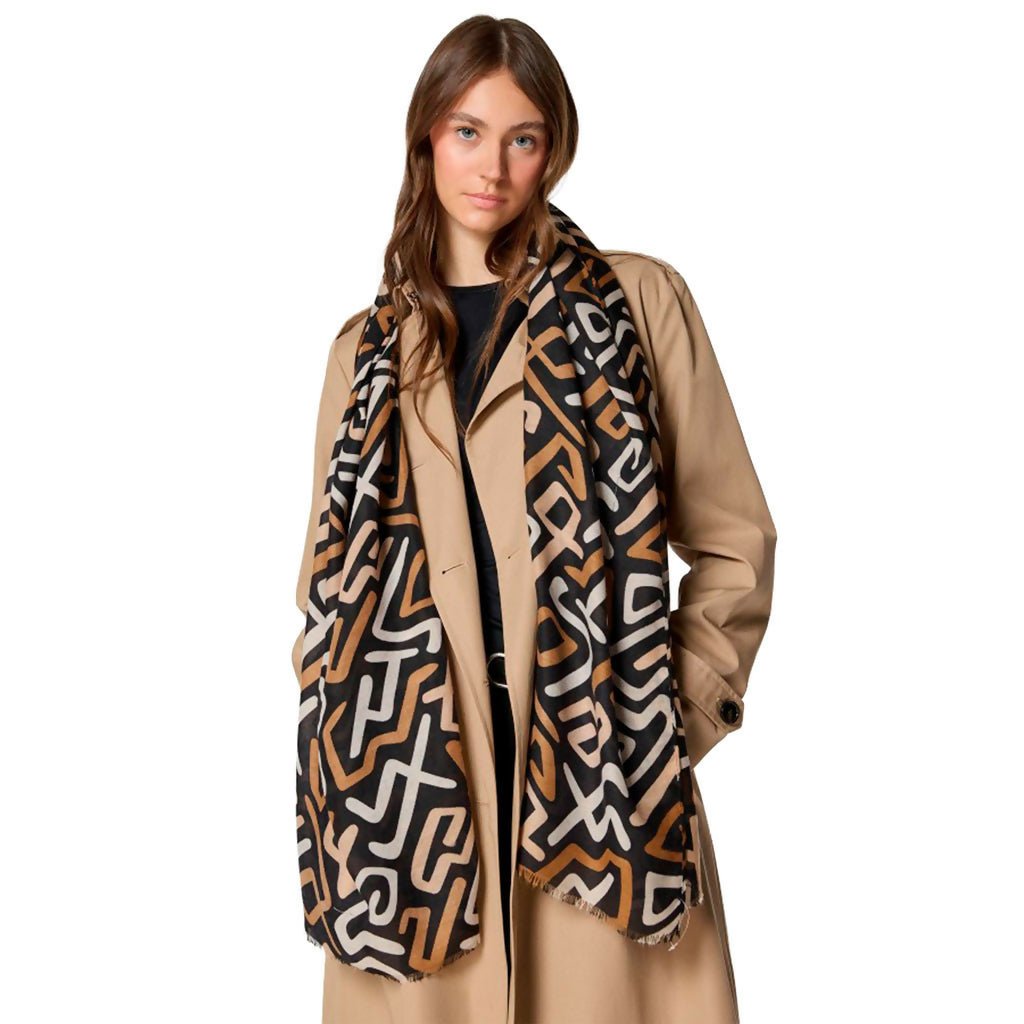 Women's Black Shawl with Linear Design - For Fall & Spring, Gift for Her - Wear Sierra