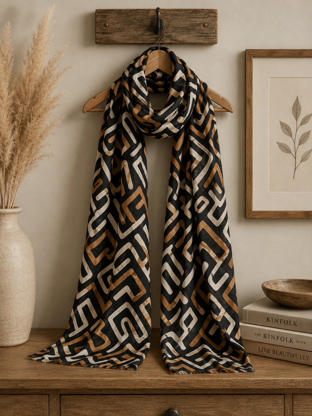 Women's Black Shawl with Linear Design - For Fall & Spring, Gift for Her - Wear Sierra