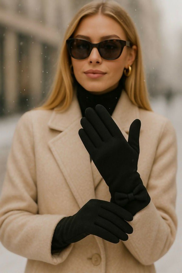 Women's Black Suede Gloves with Bow Detail For Her - Winter Accessories - Wear Sierra