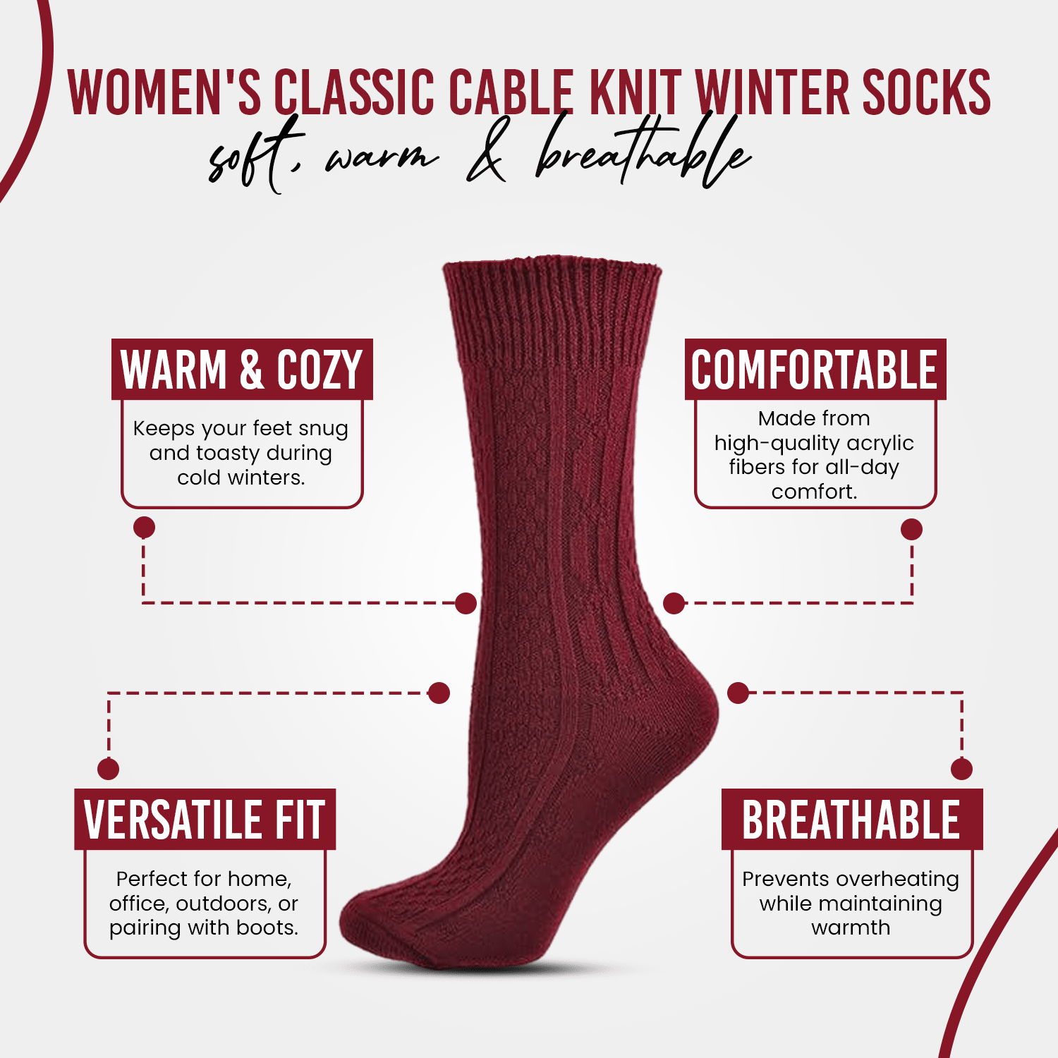 Women's Classic Cable Knit Acrylic Crew Socks 2 Pair Pack - Wear Sierra
