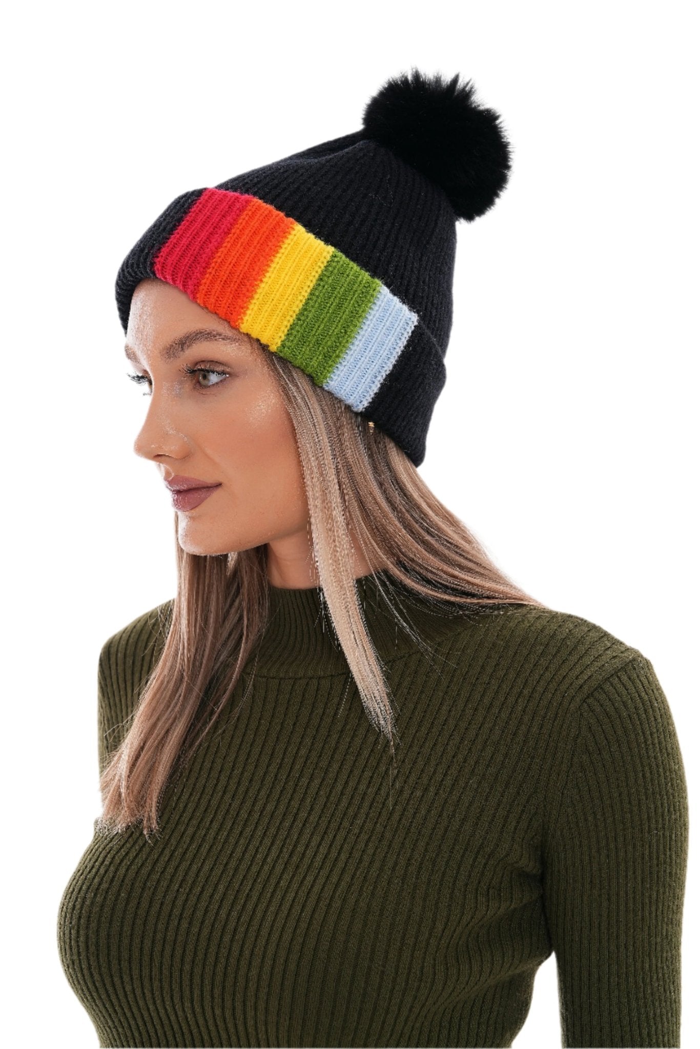 Women's Colorful Beanie With Pompom, in Rainbow Colors, Fun Winter Accessory For Her or Him - Wear Sierra