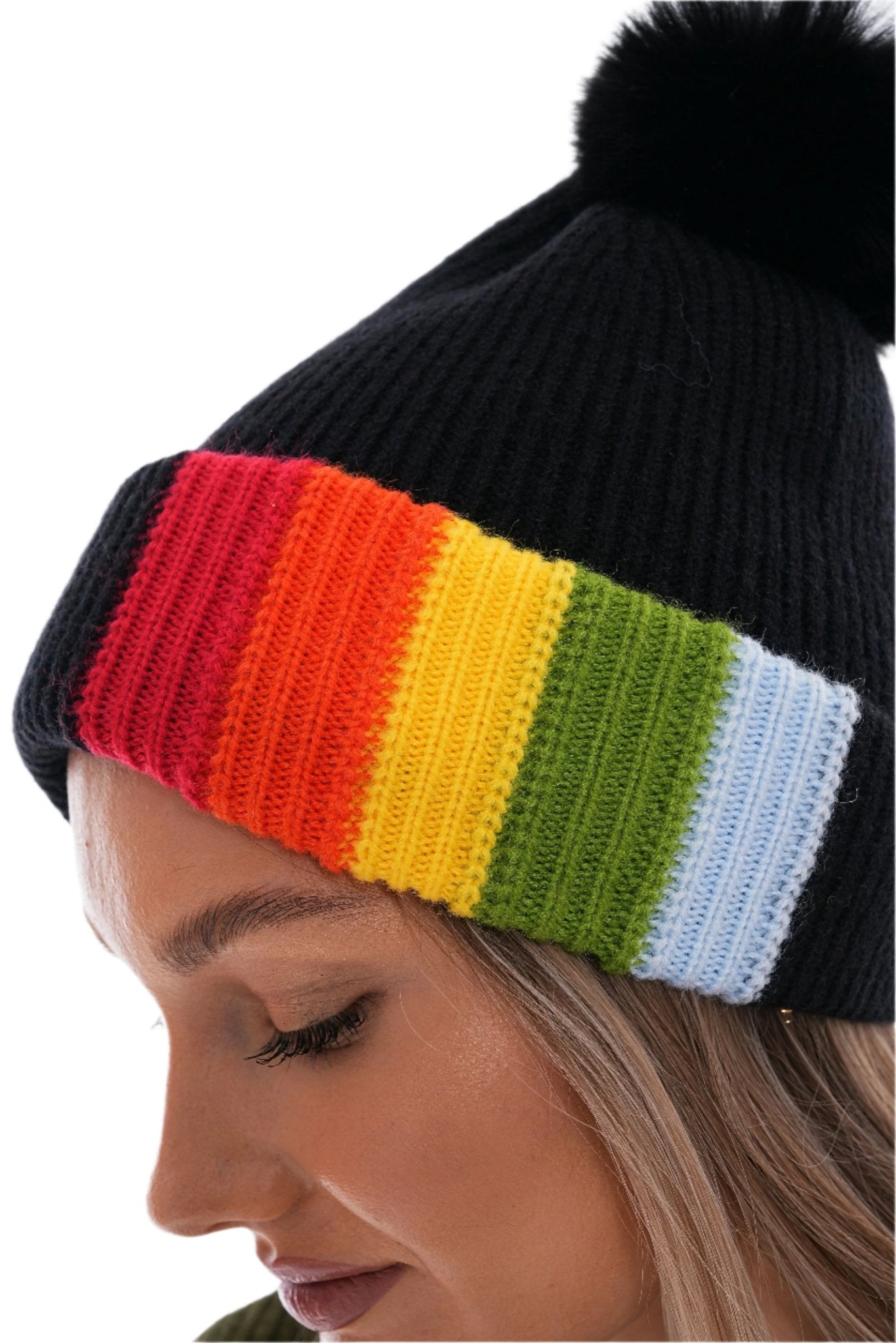 Women's Colorful Beanie With Pompom, in Rainbow Colors, Fun Winter Accessory For Her or Him - Wear Sierra