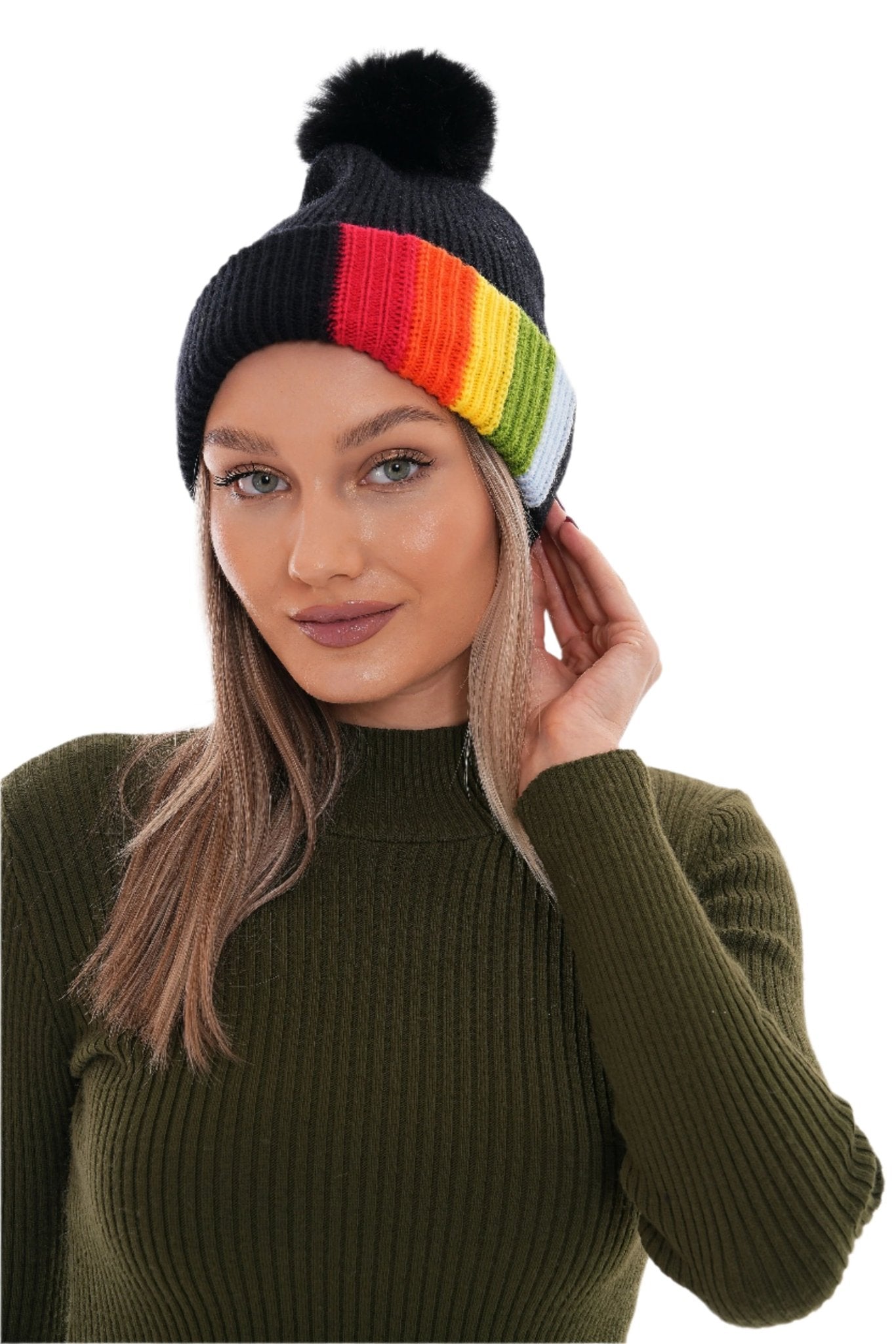 Women's Colorful Beanie With Pompom, in Rainbow Colors, Fun Winter Accessory For Her or Him - Wear Sierra